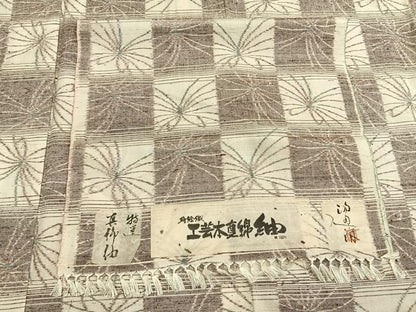 平和屋着物●工芸本真綿紬　蒔絵織　市松文様　反端付き　正絹　逸品　未使用　AABH0654fy