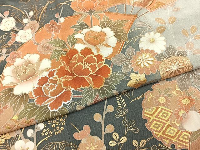 平和屋着物●十日町友禅作家　松雨　訪問着　扇面雪輪花文　暈し染め　金銀彩　正絹　逸品　AABH0663fy 平和屋着物○十日町友禅作家 松雨 訪問着 扇面雪輪花文 暈