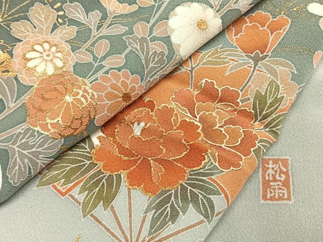 平和屋着物●十日町友禅作家　松雨　訪問着　扇面雪輪花文　暈し染め　金銀彩　正絹　逸品　AABH0663fy
