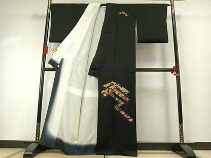 平和屋着物●訪問着　総刺繍　松竹梅　黒地　金彩　金糸　銀座秀粋　たとう紙付き　正絹　逸品　AABH0682fy