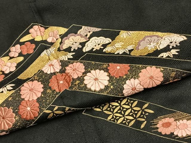 平和屋着物●訪問着　総刺繍　松竹梅　黒地　金彩　金糸　銀座秀粋　たとう紙付き　正絹　逸品　AABH0682fy