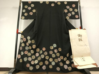 平和屋着物●訪問着　総刺繍　花丸文　黒地　金銀糸　銀座秀粋　たとう紙付き　正絹　逸品　AABH0683fy