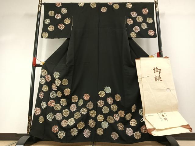 平和屋着物●訪問着　総刺繍　花丸文　黒地　金銀糸　銀座秀粋　たとう紙付き　正絹　逸品　AABH0683fy