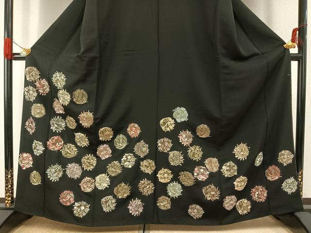 平和屋着物●訪問着　総刺繍　花丸文　黒地　金銀糸　銀座秀粋　たとう紙付き　正絹　逸品　AABH0683fy 平和屋着物○訪問着 総刺繍 花丸文 黒地 金銀糸 銀座秀粋