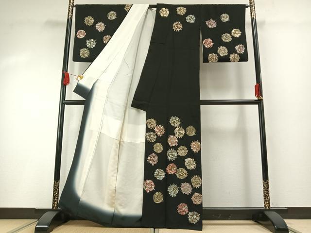 平和屋着物●訪問着　総刺繍　花丸文　黒地　金銀糸　銀座秀粋　たとう紙付き　正絹　逸品　AABH0683fy 平和屋着物○訪問着 総刺繍 花丸文 黒地 金銀糸 銀座秀粋