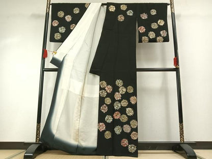 平和屋着物●訪問着　総刺繍　花丸文　黒地　金銀糸　銀座秀粋　たとう紙付き　正絹　逸品　AABH0683fy