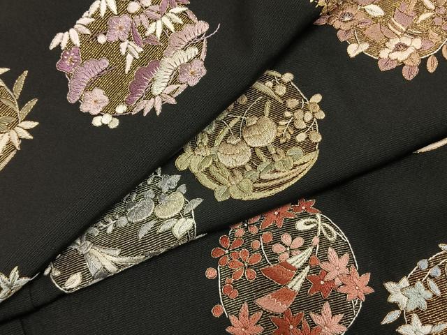 平和屋着物●訪問着　総刺繍　花丸文　黒地　金銀糸　銀座秀粋　たとう紙付き　正絹　逸品　AABH0683fy 平和屋着物○訪問着 総刺繍 花丸文 黒地 金銀糸 銀座秀粋