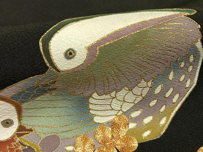 平和屋着物●豪華黒留袖　友禅　駒刺繍　流水花鳥文　金彩　正絹　逸品　AABH0689fy