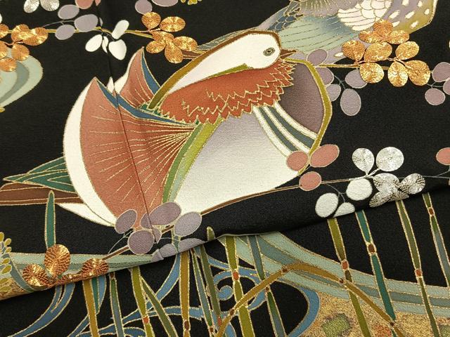 平和屋着物●豪華黒留袖　友禅　駒刺繍　流水花鳥文　金彩　正絹　逸品　AABH0689fy