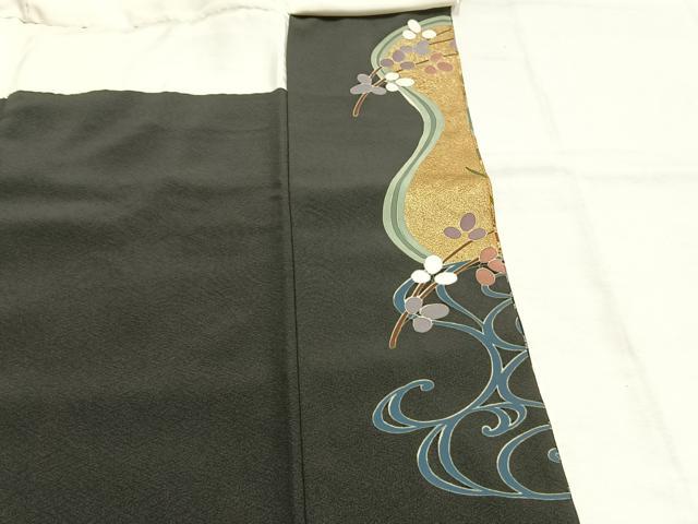 平和屋着物●豪華黒留袖　友禅　駒刺繍　流水花鳥文　金彩　正絹　逸品　AABH0689fy