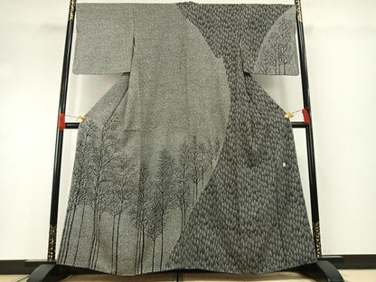平和屋着物●小紋師　鷲津芳雄　訪問着　樹林文　黒地　正絹　逸品　AABH0691fy