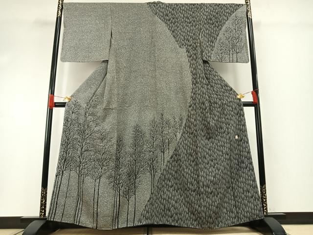 平和屋着物●小紋師　鷲津芳雄　訪問着　樹林文　黒地　正絹　逸品　AABH0691fy