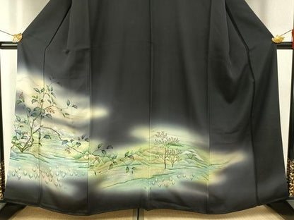 平和屋着物●訪問着　手描き　風景枝花文　暈し染め　正絹　逸品　AABH0692fy