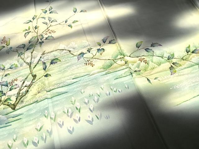 平和屋着物●訪問着　手描き　風景枝花文　暈し染め　正絹　逸品　AABH0692fy