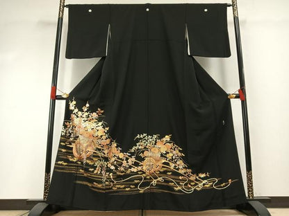 平和屋着物●金彩友禅　卓越技能者・名工・和田光正　黒留袖　片輪車花文　金銀彩　正絹　逸品　AABH0693fy