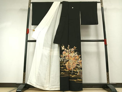 平和屋着物●金彩友禅　卓越技能者・名工・和田光正　黒留袖　片輪車花文　金銀彩　正絹　逸品　AABH0693fy