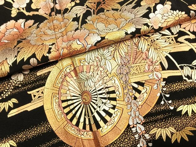 平和屋着物●金彩友禅　卓越技能者・名工・和田光正　黒留袖　片輪車花文　金銀彩　正絹　逸品　AABH0693fy