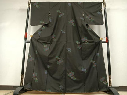 平和屋着物●本場大島紬　カタス9マルキ　地空き　草花文　黒地　正絹　逸品　未使用　AABH0696fy