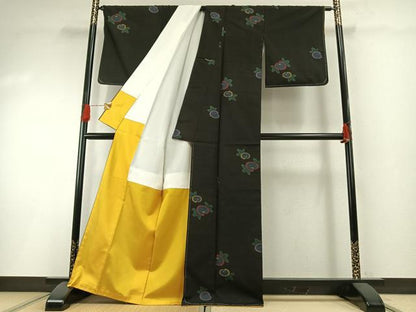 平和屋着物●本場大島紬　カタス9マルキ　地空き　草花文　黒地　正絹　逸品　未使用　AABH0696fy