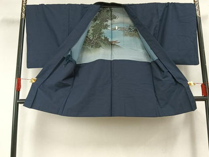 平和屋着物●男性　紬　アンサンブル　綾織　紺青色　正絹　逸品　AABH0699fy