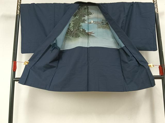 平和屋着物●男性　紬　アンサンブル　綾織　紺青色　正絹　逸品　AABH0699fy