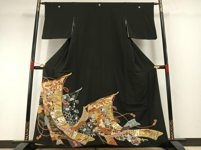 平和屋着物●創業460年・千總　黒留袖　駒刺繍　熨斗花鳥文　金彩　高島屋扱い　正絹　逸品　AABH0717fy 平和屋着物○創業460年・千總 黒留袖 駒刺繍 熨斗花鳥文