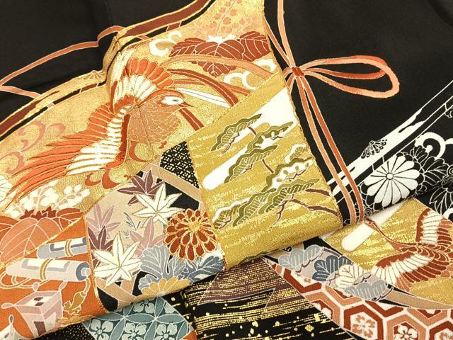 平和屋着物●創業460年・千總　黒留袖　駒刺繍　熨斗花鳥文　金彩　高島屋扱い　正絹　逸品　AABH0717fy 平和屋着物○創業460年・千總 黒留袖 駒刺繍 熨斗花鳥文