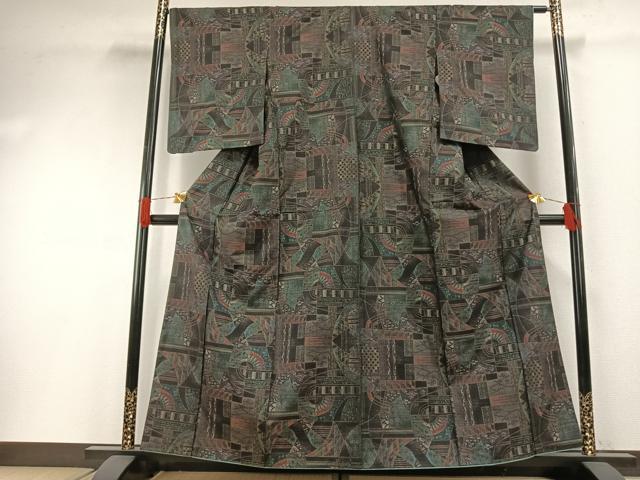 平和屋着物●本場大島紬　カタス7マルキ　幾何学文様　正絹　逸品　AABH0720fy