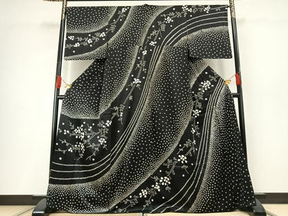 平和屋着物●訪問着　総絞り　草花文　暈し染め　黒地　正絹　逸品　AABH0750fy
