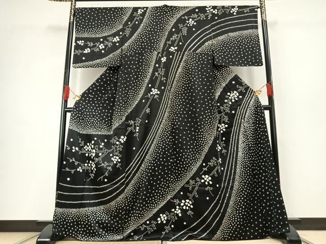 平和屋着物●訪問着　総絞り　草花文　暈し染め　黒地　正絹　逸品　AABH0750fy