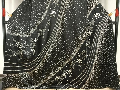 平和屋着物●訪問着　総絞り　草花文　暈し染め　黒地　正絹　逸品　AABH0750fy
