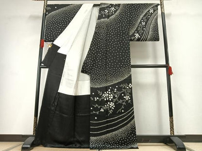 平和屋着物●訪問着　総絞り　草花文　暈し染め　黒地　正絹　逸品　AABH0750fy