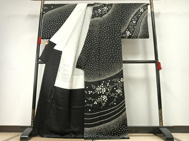 平和屋着物●訪問着　総絞り　草花文　暈し染め　黒地　正絹　逸品　AABH0750fy