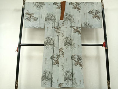 平和屋着物●男性　長襦袢　袷　手描き　虎　龍　正絹　逸品　AABH0767fy