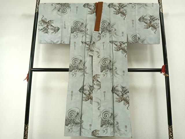 平和屋着物●男性　長襦袢　袷　手描き　虎　龍　正絹　逸品　AABH0767fy