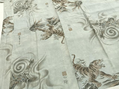 平和屋着物●男性　長襦袢　袷　手描き　虎　龍　正絹　逸品　AABH0767fy