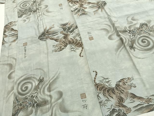 平和屋着物●男性　長襦袢　袷　手描き　虎　龍　正絹　逸品　AABH0767fy
