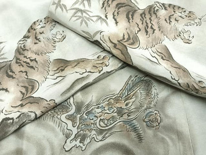 平和屋着物●男性　長襦袢　袷　手描き　虎　龍　正絹　逸品　AABH0767fy