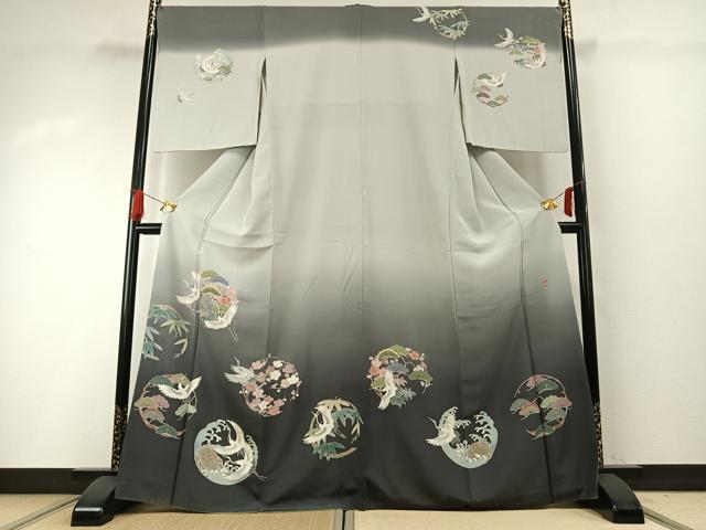 平和屋着物●訪問着　友禅　作家物　松竹梅　鶴　亀　暈し染め　正絹　逸品　AABH0769fy