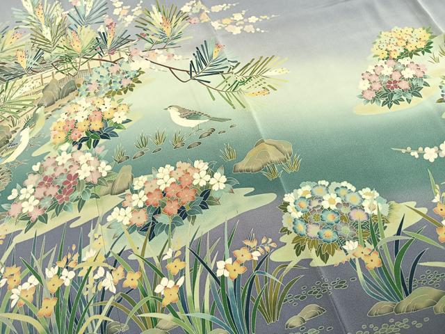 平和屋着物●訪問着　友禅　作家物　風景花鳥文　暈し染め　正絹　逸品　AABH0770fy 平和屋着物○訪問着 友禅 作家物 風景花鳥文 暈し染め 正絹
