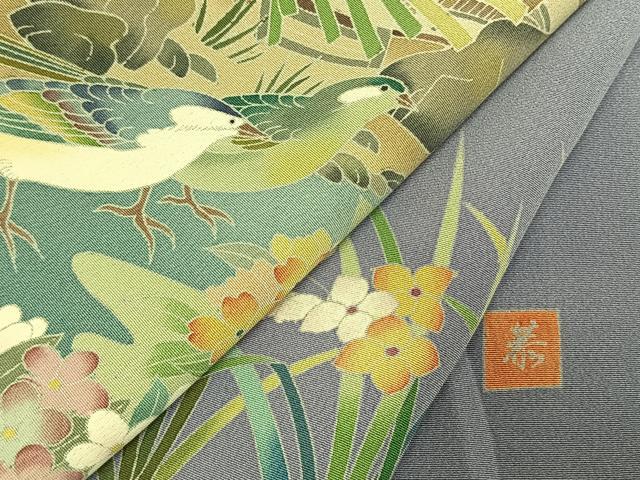 平和屋着物●訪問着　友禅　作家物　風景花鳥文　暈し染め　正絹　逸品　AABH0770fy 平和屋着物○訪問着 友禅 作家物 風景花鳥文 暈し染め 正絹