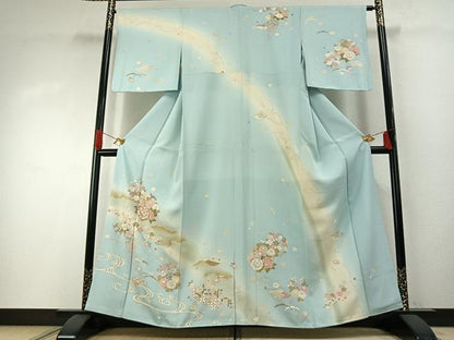 平和屋着物●訪問着　友禅　駒刺繍　草花文　暈し染め　金彩　正絹　逸品　AABH0773fy