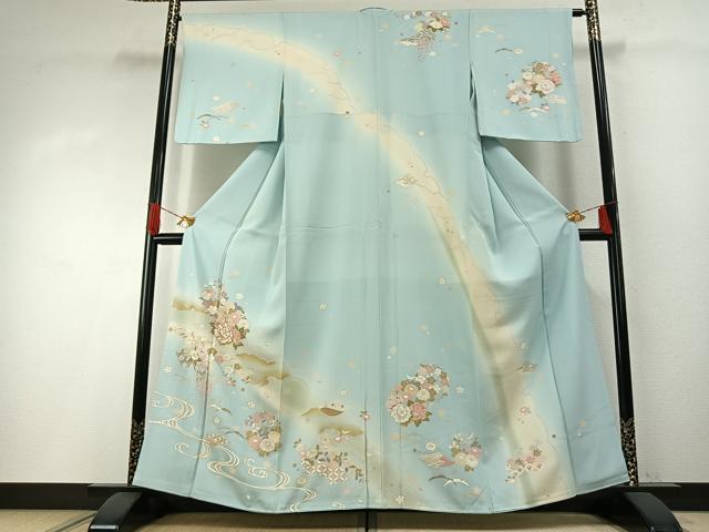 平和屋着物●訪問着　友禅　駒刺繍　草花文　暈し染め　金彩　正絹　逸品　AABH0773fy