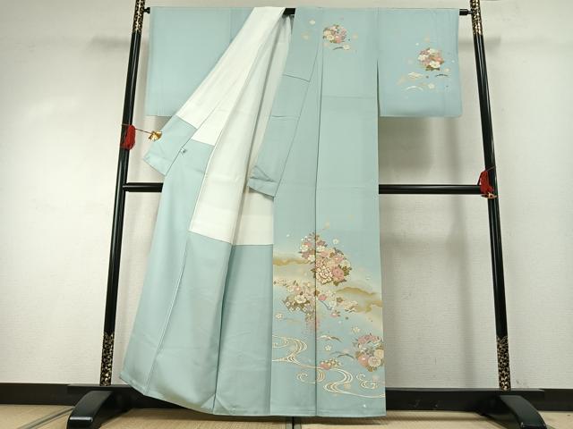 平和屋着物●訪問着　友禅　駒刺繍　草花文　暈し染め　金彩　正絹　逸品　AABH0773fy