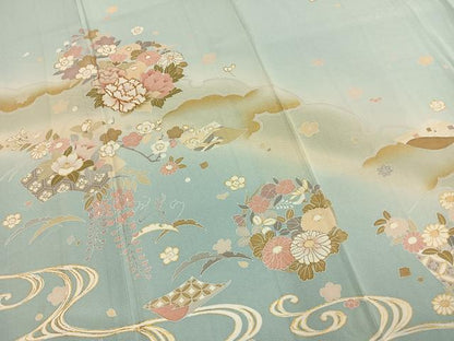 平和屋着物●訪問着　友禅　駒刺繍　草花文　暈し染め　金彩　正絹　逸品　AABH0773fy