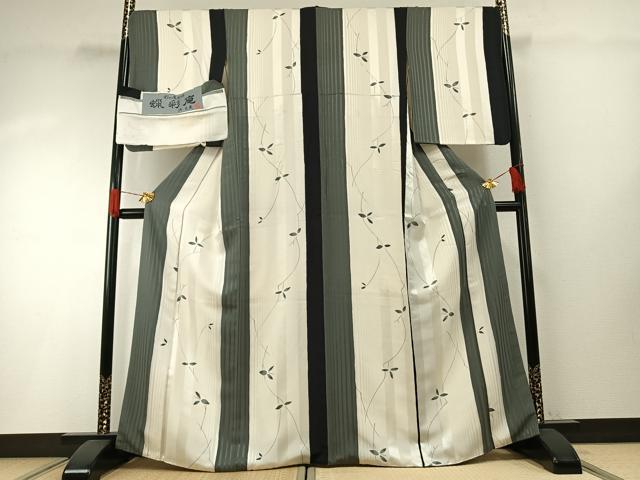 平和屋着物●沢文蔵　蝋彩庵　小紋　枝葉文　丹後ちりめん　反端付き　正絹　逸品　AABH0779fy 平和屋着物○沢文蔵 蝋彩庵 小紋 枝葉文 丹後ちりめん 反端