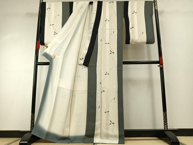 平和屋着物●沢文蔵　蝋彩庵　小紋　枝葉文　丹後ちりめん　反端付き　正絹　逸品　AABH0779fy 平和屋着物○沢文蔵 蝋彩庵 小紋 枝葉文 丹後ちりめん 反端