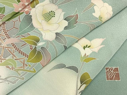 平和屋着物●友禅作家　岡部修治　訪問着　草花文　暈し染め　正絹　逸品　AABH0781fy