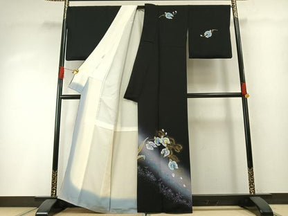 平和屋着物●螺鈿作家　藤本隆士　訪問着　草花文　暈し染め　黒地　金銀彩　正絹　逸品　AABH0785fy