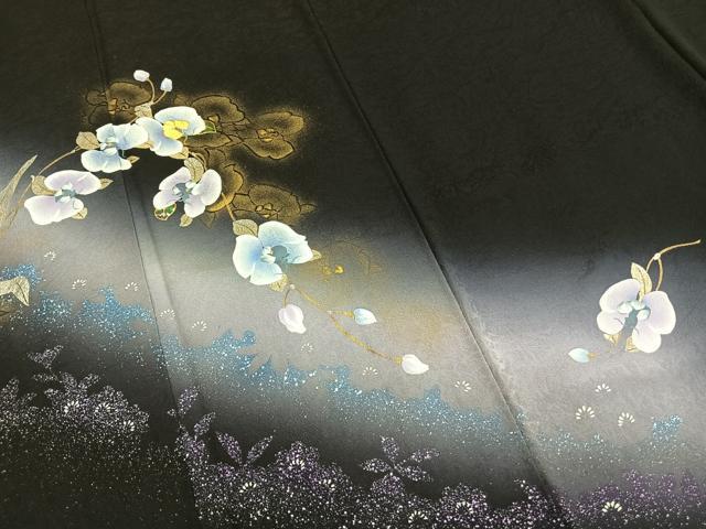 平和屋着物●螺鈿作家　藤本隆士　訪問着　草花文　暈し染め　黒地　金銀彩　正絹　逸品　AABH0785fy
